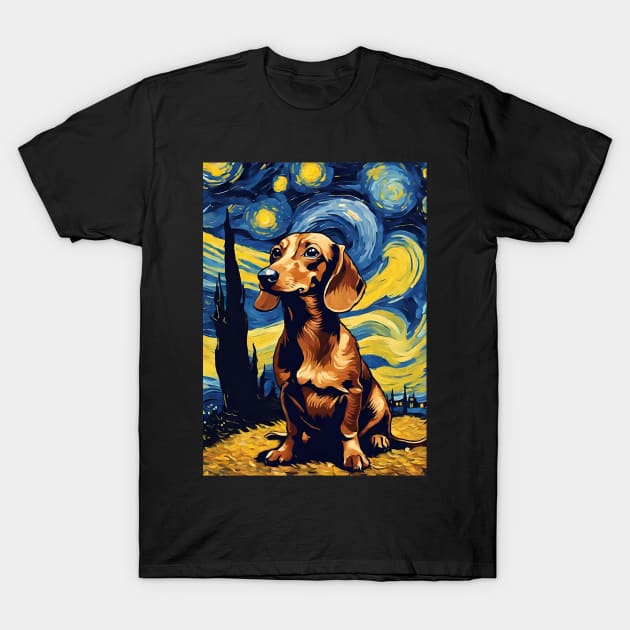 Cute Dachshund Dog Breed Painting in a Van Gogh Starry Night Art Style T-Shirt by Art-Jiyuu